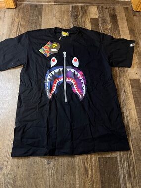 Bape Black Shark Zip Tee with Multicolor Purple & Blue Accents